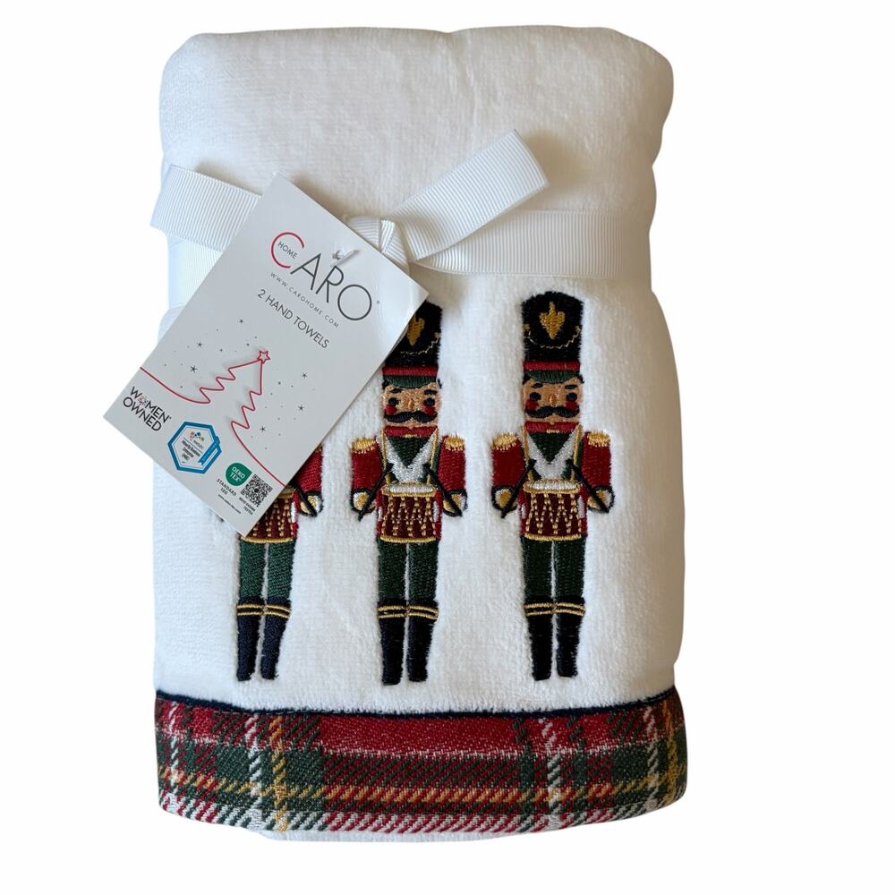 CARO Home Christmas Hand Towels 2pc Plaid Nutcracker 100% Cotton Holiday Bath